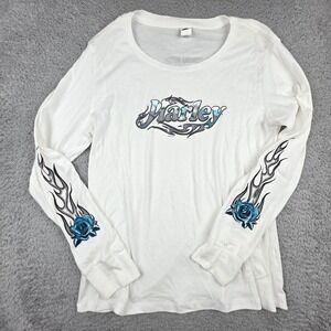 Harley Davidson Long Sleeve T-Shirt Womens 2XL White Blue Flame Rose Graphic Tee